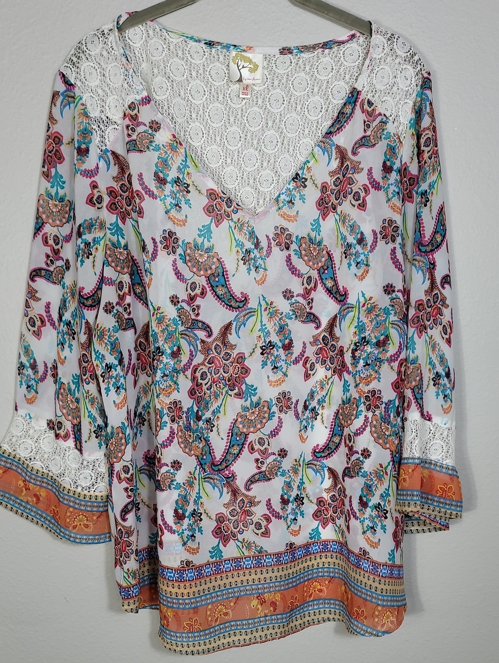 Fig & Flower Sheer Floral Lace Tunic Top Size XL Flowy Romantic Blouse